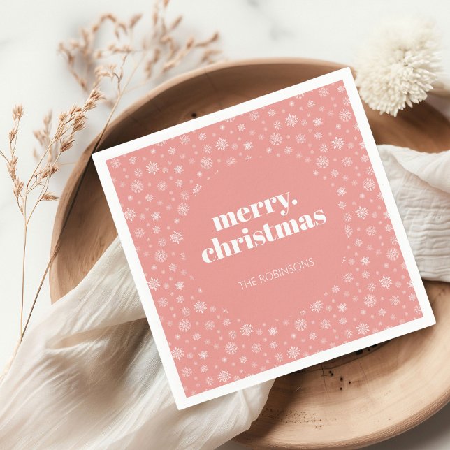 Modern Merry Christmas Pink with Snowflake Pattern Napkin (Christmas holiday snowflake pattern napkin)