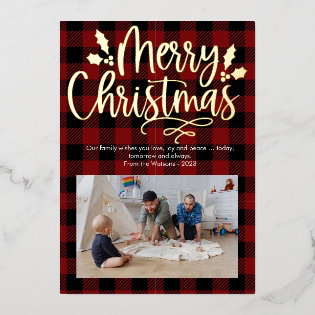 Modern Merry Christmas Plaid Foil Holiday Card (Front)
