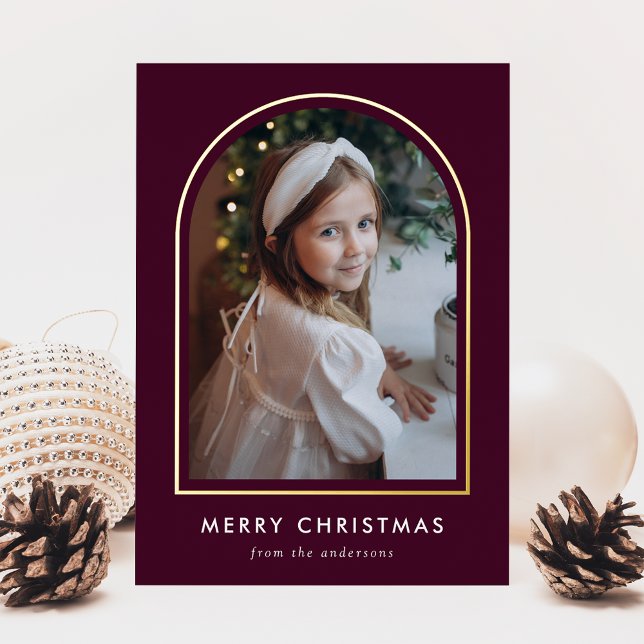 Modern Merry Christmas Purple Arch Photo Foil Holiday Card (Creator Uploaded)