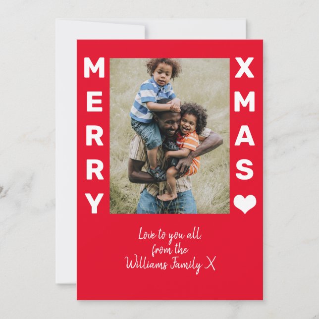 Modern Merry Christmas red and white family photo Holiday Card (Front)