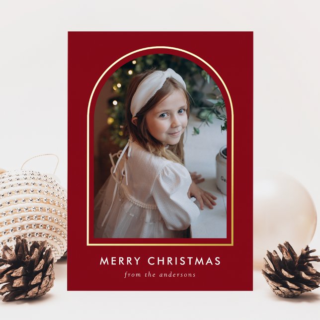 Modern Merry Christmas Red Arch Photo Foil Holiday Card (Creator Uploaded)