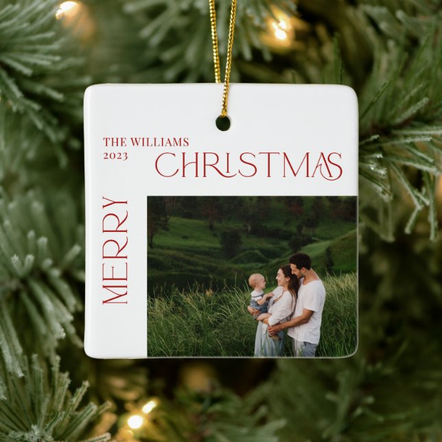 Modern Merry Christmas Red Berry Botanical Photo Ceramic Ornament (Tree)