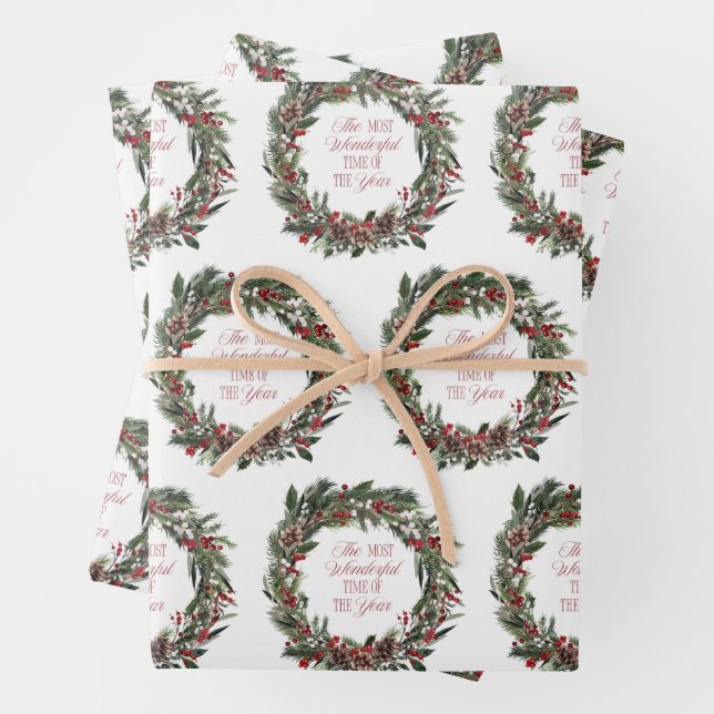 Modern Merry Christmas Red Berry Botanical Wreath Wrapping Paper Sheet (In situ)