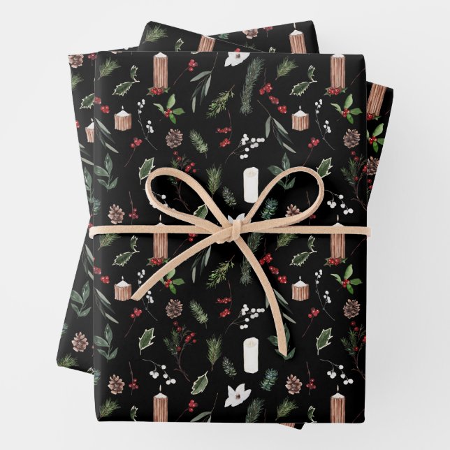 Modern Merry Christmas Red Berry Botanical Wreath Wrapping Paper Sheet (In situ)
