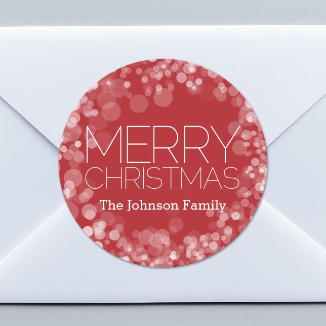 Modern Merry Christmas Red Bokeh Personalised Classic Round Sticker (Custom Sticker for Party Favors or Envelopes)