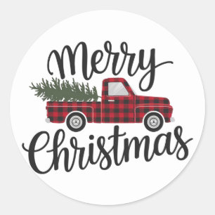 Modern Merry Christmas Red Buffalo Plaid Truck  Classic Round Sticker