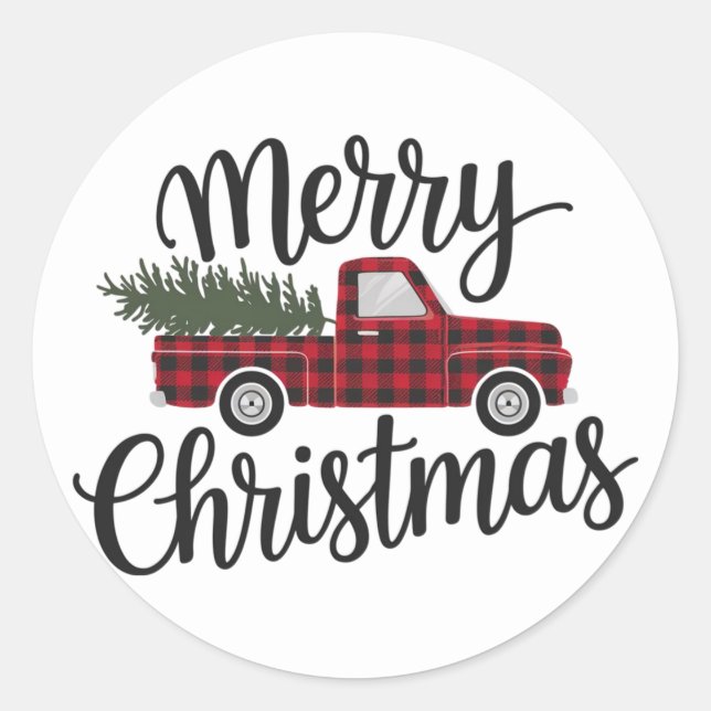 Modern Merry Christmas Red Buffalo Plaid Truck  Classic Round Sticker (Front)
