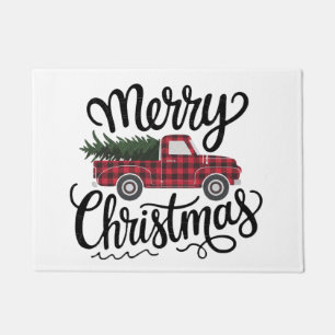 Modern Merry Christmas Red Buffalo Plaid Truck  Doormat