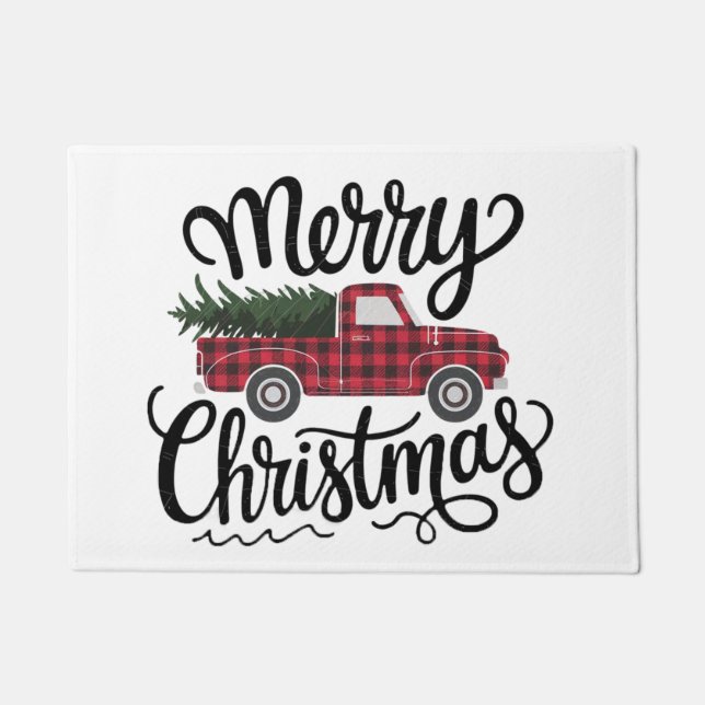 Modern Merry Christmas Red Buffalo Plaid Truck  Doormat (Front)