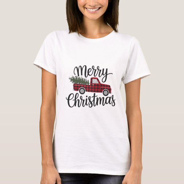 Modern Merry Christmas Red Buffalo Plaid Truck     T-Shirt (Front)