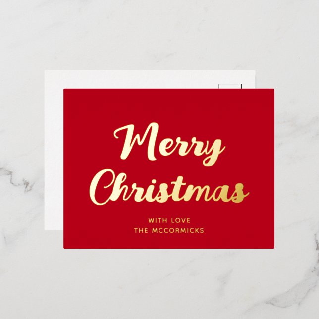 Modern Merry Christmas Red Gold Script Simple Foil Holiday Postcard (Front/Back)