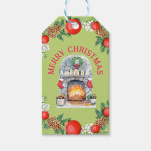 Modern Merry Christmas Red Green Fireplace Wreath Gift Tags
