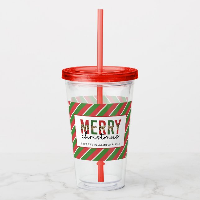 Modern Merry Christmas Red Green Stripes Pattern Acrylic Tumbler (Front)