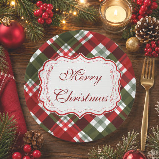 Modern Merry Christmas Red & Green Tartan Plaid Paper Plate