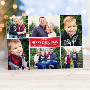 Modern Merry Christmas Red Photo Collage Holiday Card