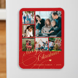 Modern Merry Christmas red photo collage Magnet<br><div class="desc">Elegant stylish Merry Christmas faux gold classic calligraphy script six family photos red holiday festive keepsake magnet with your custom personalised text.</div>