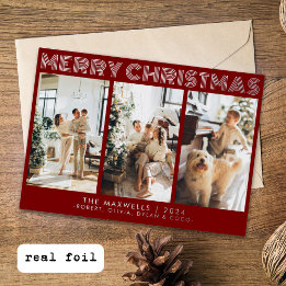 Modern Merry Christmas Red Photo Foil Holiday Card
