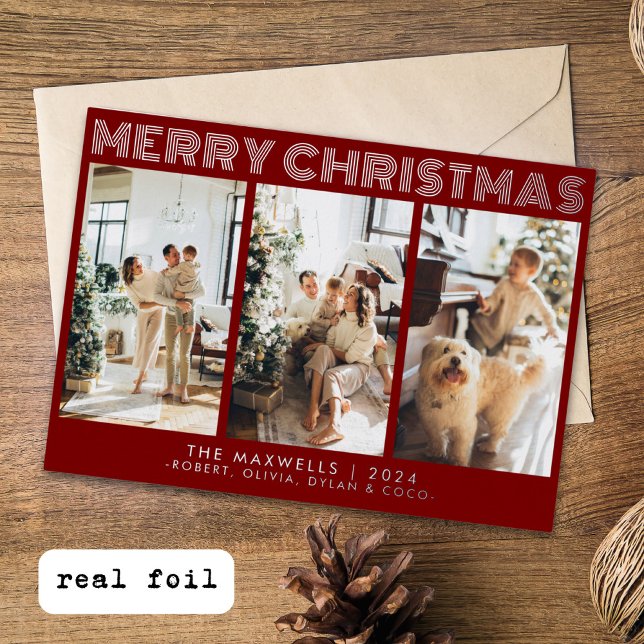 Modern Merry Christmas Red Photo Foil Holiday Card (Creator Uploaded)
