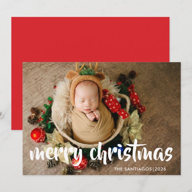 Modern Merry Christmas Red Photo Holiday Card (Front/Back)