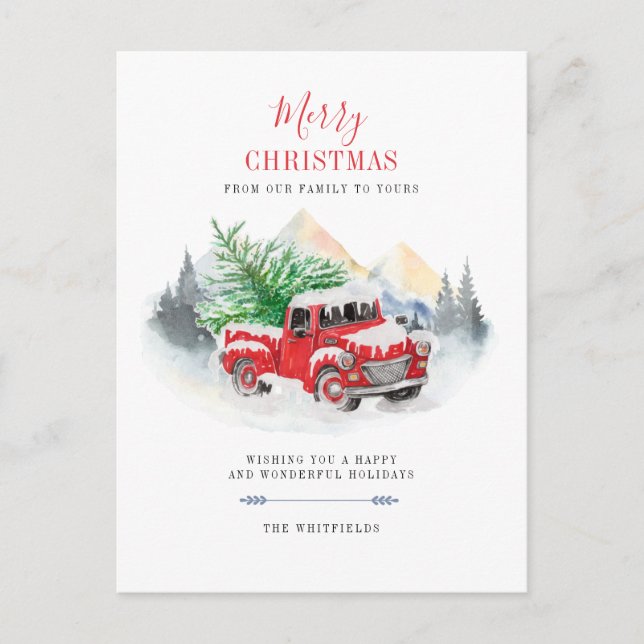 Modern Merry Christmas Red Truck Family Holiday Postcard (Front)