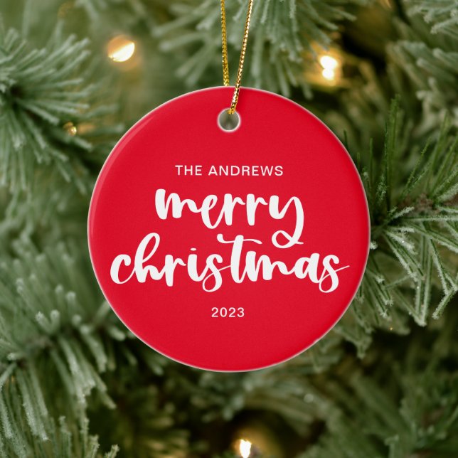 Modern Merry Christmas Red White Script Back Photo Ceramic Tree Decoration (Tree)