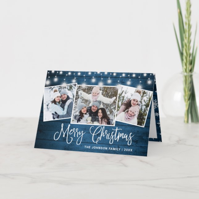 Modern Merry Christmas Rustic 3 PHOTO Greeting Holiday Card (Front)
