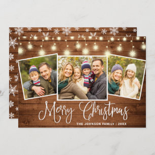 Modern Merry Christmas Rustic  3 PHOTO Greeting Holiday Card