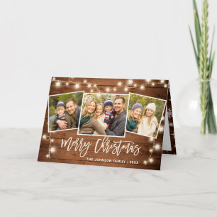 Modern Merry Christmas Rustic  3 PHOTO Greeting Holiday Card