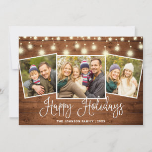 Modern Merry Christmas Rustic  3 PHOTO Greeting Holiday Card