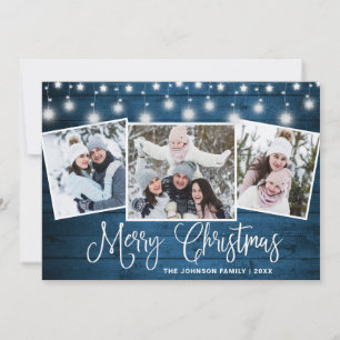 Modern Merry Christmas Rustic  3 PHOTO Greeting Holiday Card