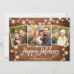 Modern Merry Christmas Rustic 3 PHOTO Greeting Holiday Card