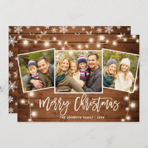 Modern Merry Christmas Rustic 3 PHOTO Greeting Holiday Card
