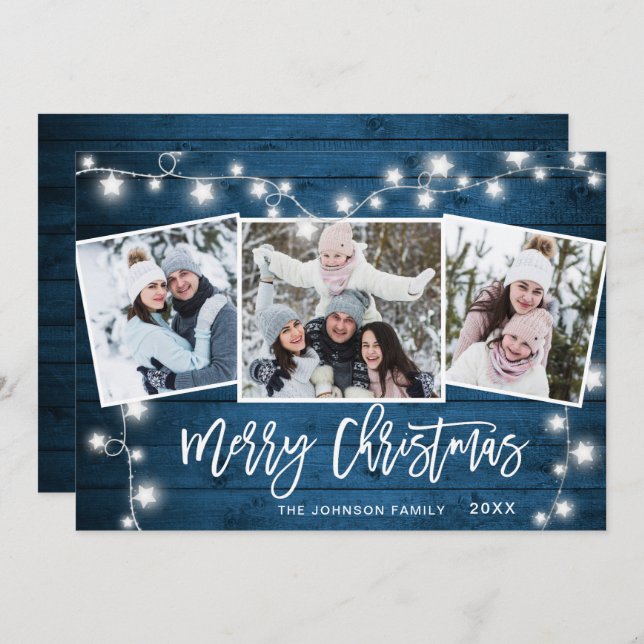 Modern Merry Christmas Rustic  3 PHOTO Greeting Holiday Card (Front/Back)