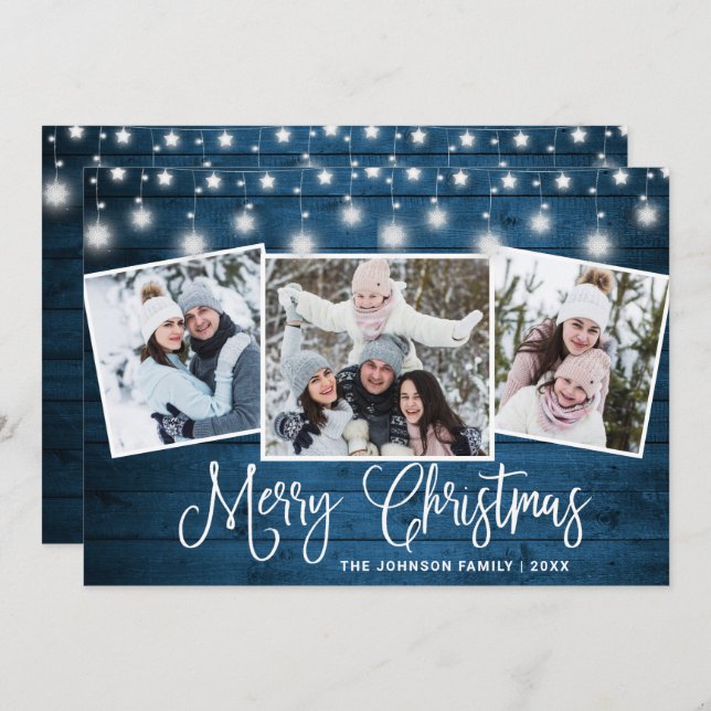 Modern Merry Christmas Rustic  3 PHOTO Greeting Holiday Card (Front/Back)