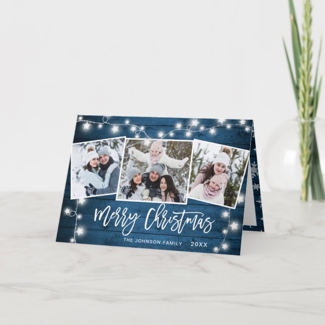 Modern Merry Christmas Rustic  3 PHOTO Greeting Holiday Card (Front)