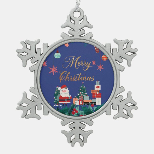 Modern merry christmas- santa claus & gift holiday snowflake pewter christmas ornament (Front)