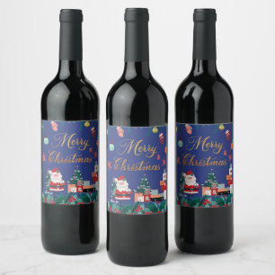 Modern merry christmas- santa claus & gift holiday wine label