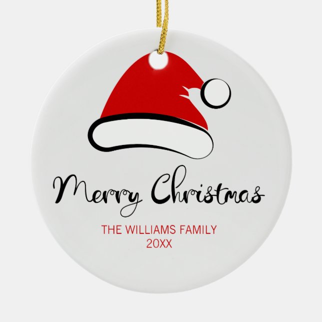Modern Merry Christmas Santa Hat Ceramic Ornament (Front)