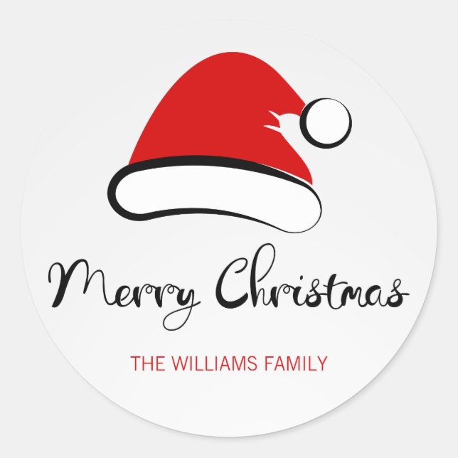 Modern Merry Christmas Santa Hat Round Sticker (Front)