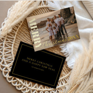 Modern Merry Christmas Script Black 1 Photo Gold  Foil Holiday Card