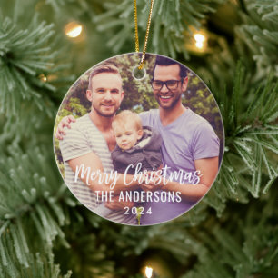 Modern Merry Christmas Script Custom Family Photo Ceramic Tree Decoration