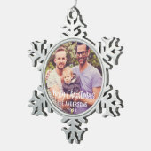 Modern Merry Christmas Script Custom Family Photo Snowflake Pewter Christmas Ornament (Right)
