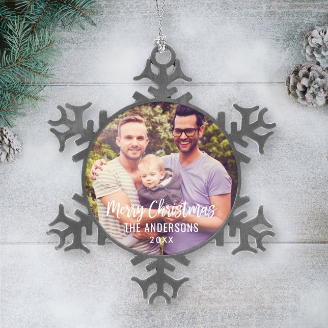 Modern Merry Christmas Script Custom Family Photo Snowflake Pewter Christmas Ornament (Creator Uploaded)