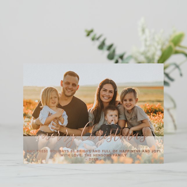 Modern Merry Christmas Script Family Full Photo Foil Holiday Card (Standing Front)