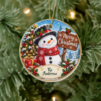 Modern Merry Christmas Script Family Name Ornament