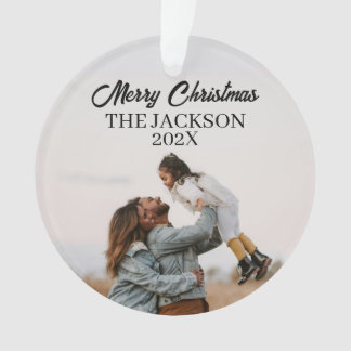 Modern Merry Christmas Script Family Photo Grey Or Ornament