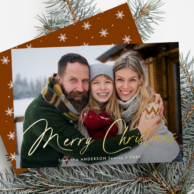 Modern Merry Christmas Script Gingerbread Photo Foil Holiday Card (Creator Uploaded)