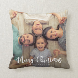 Modern Merry Christmas Script   Holiday Photo Cushion
