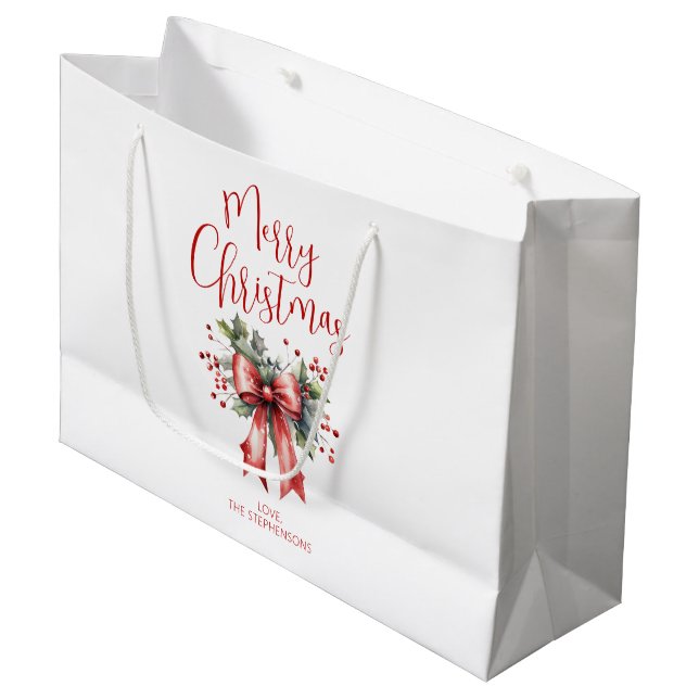 Modern Merry Christmas Script Holly Bow Name Large Gift Bag (Front Angled)