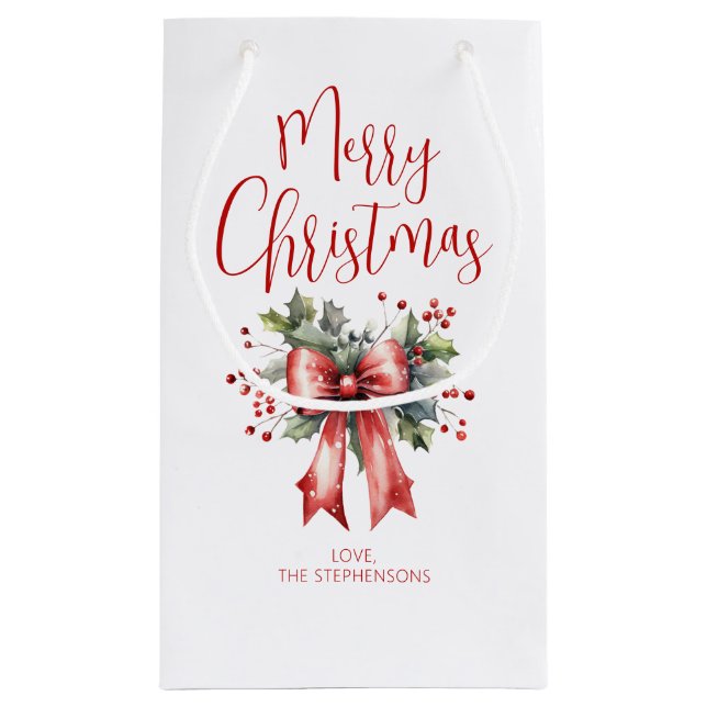Modern Merry Christmas Script Holly Bow Name Small Gift Bag (Back)